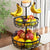 2-Tier Fruit Basket Bowl Storage with Wood Lift Handle and Dual Banana Tree Hanger for Kitchen Countertop