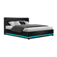 RGB LED Lumi Gas Lift Bed Frame Queen Size With Base Storage In Black Leather